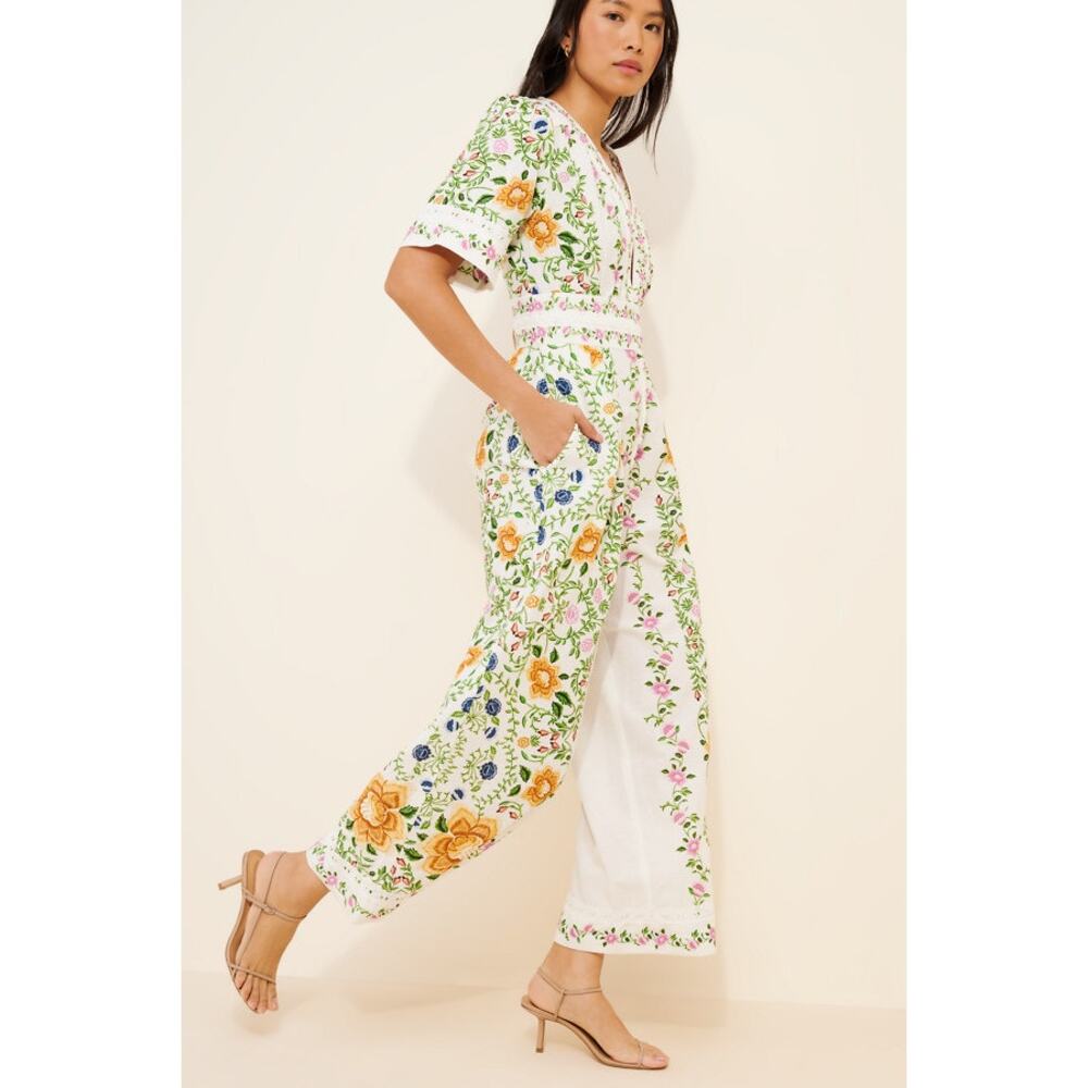 FARM Rio Folk Floral Linen Medium Wide-Leg Jumpsuit - Picture 2 of 16
